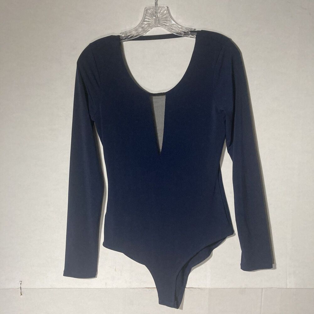 BCBGeneration blue scoop neck long sleeve low cut back snap closed bodysuit M